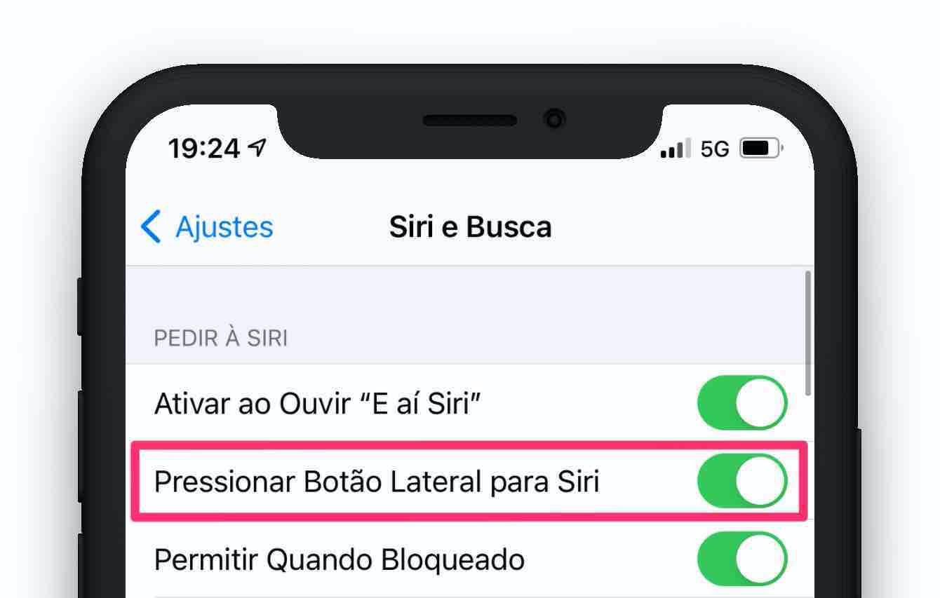 Ajuste de como usar a Siri com o botão lateral.