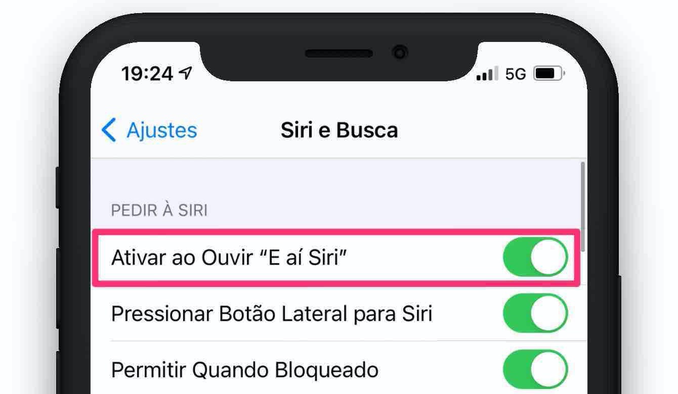 Ajuste de como usar a Siri por comando de voz.